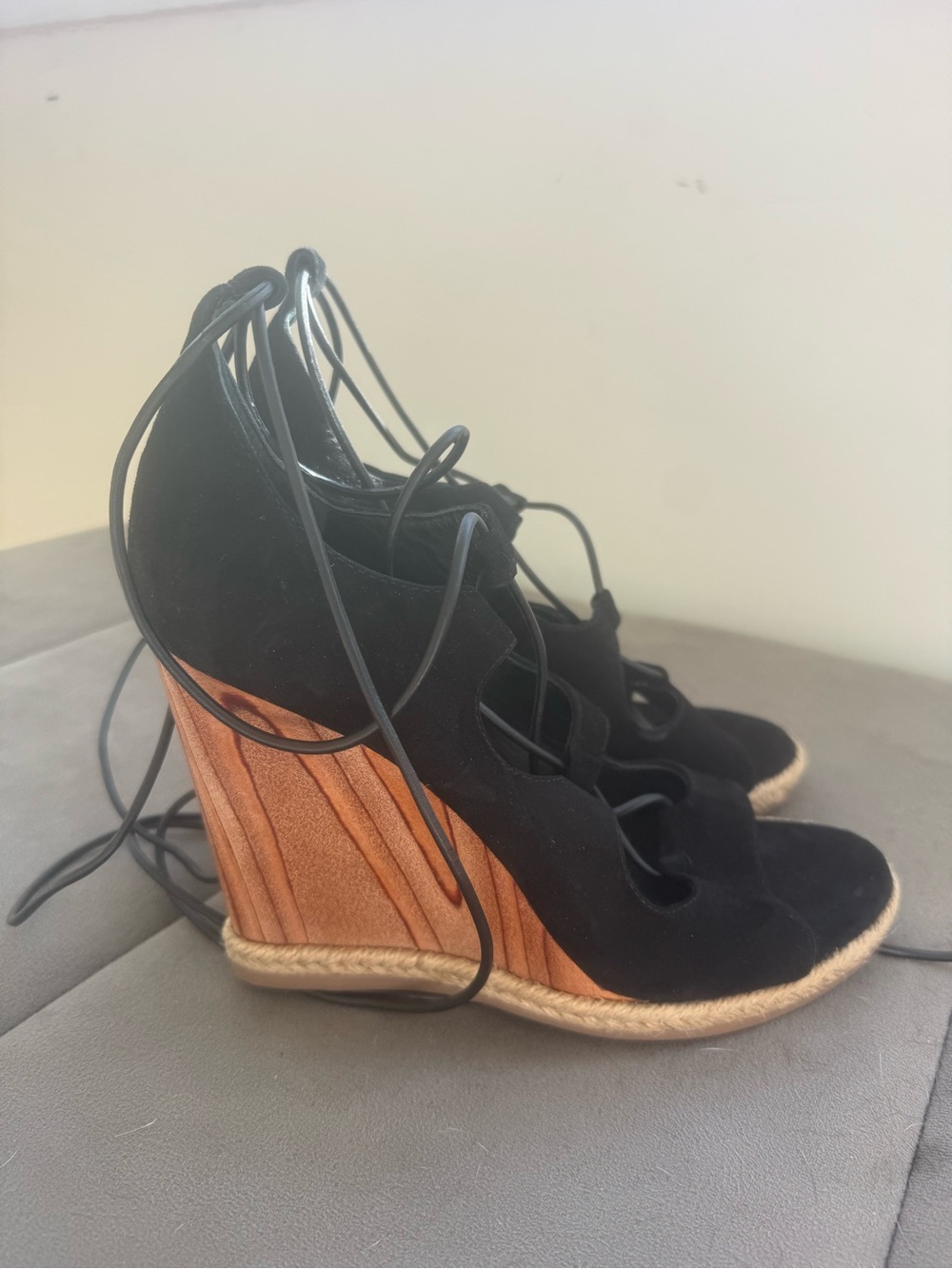 Tory Burch Black Suede Lace-Up Wedge Sandals with Wood-Effect Heel